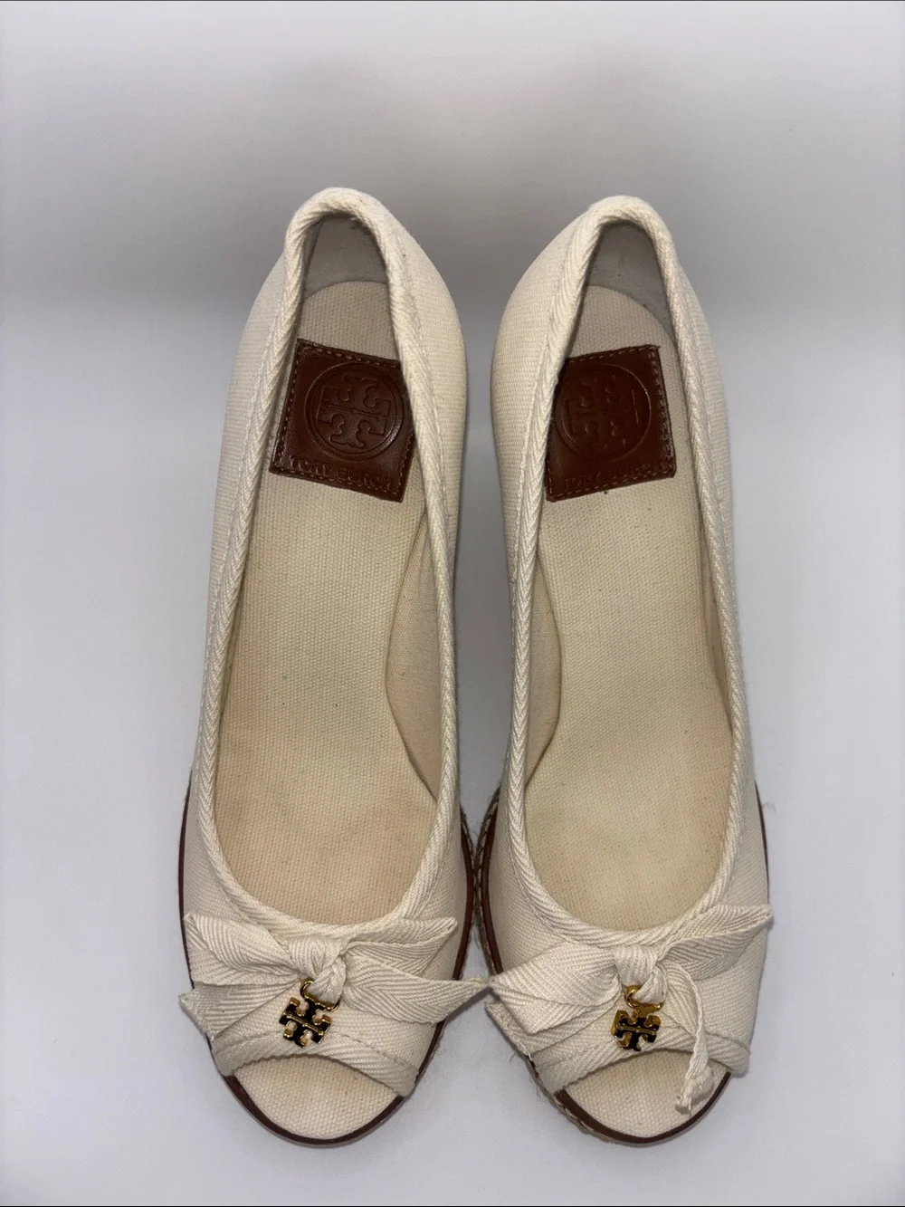 Tory Burch Cream Canvas Peep-Toe Espadrille Wedges with Gold Logo Charm